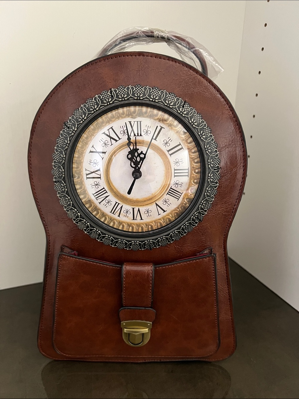 Brown Faux-Leather Backpack Purse with Clock